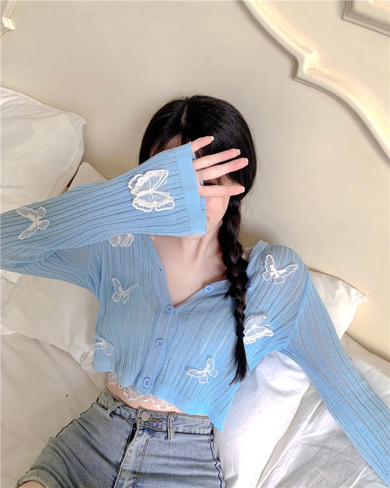 Suéter fino de seda de hielo de imitación con lazo de temperamento, cárdigan de manga larga con cuello en V y protector solar para mujer