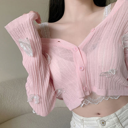 Suéter fino de seda de hielo de imitación con lazo de temperamento, cárdigan de manga larga con cuello en V y protector solar para mujer